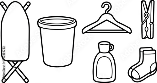 Line art icon set showing ironing board, bucket, hanger, clothespin, detergent bottle and socks in clean minimalist flat style outline