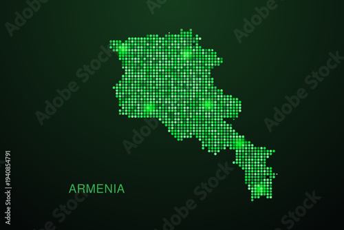 Armenia Map - Digital dotted map with glowing green points on dark background, modern technology style, abstract data network design, clean minimal geometric vector illustration.