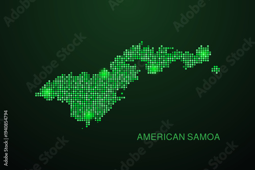 American Samoa Map - Digital dotted map with glowing green points on dark background, modern technology style, abstract data network design, clean minimal geometric vector illustration.