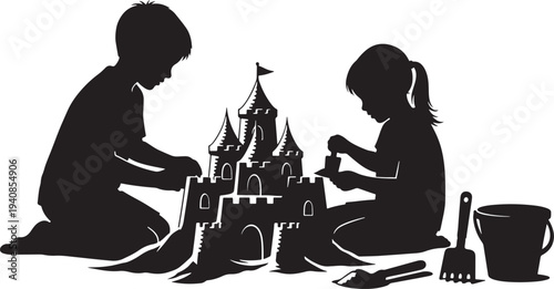 Two Children Silhouettes Enthusiastically Building a Detailed Sandcastle on the Beach, Celebrating Childhood Creativity and Summer Fun