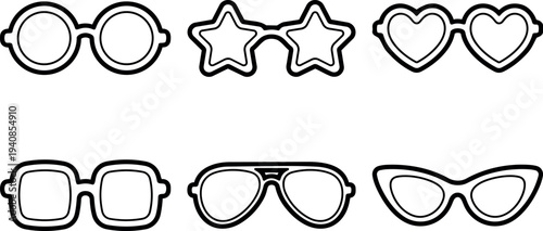 Minimalist line art vector sunglasses icon set showing six distinct frames including round star heart square aviator cat eye black silhouettes