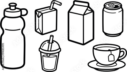 Line art vector set of six beverage containers water bottle juice box milk carton soda can tea cup takeaway straw