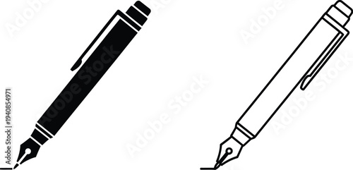 Black classic ballpoint and fountain pens isolated on transparent background, Vector