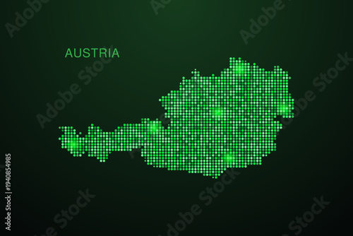 Austria Map - Digital dotted map with glowing green points on dark background, modern technology style, abstract data network design, clean minimal geometric vector illustration.