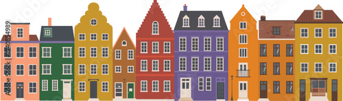 Colorful Amsterdam canal houses skyline vector illustration, Dutch city architecture traditional European townhouses street facade design collection