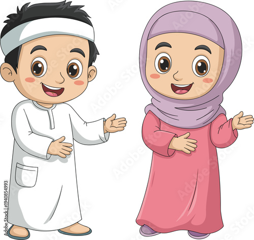 Happy Muslim boy and girl cartoon characters wearing traditional Islamic clothing, cute kids in hijab and thobe greeting, friendly children illustration isolated white background