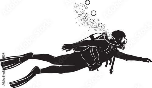 Scuba Diver Silhouette - Black Vector Illustration of Person with Tank and Mask Exploring Underwater Ocean World with Air Bubbles