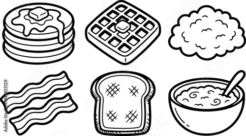 Line art breakfast icons set close up stack of pancakes with butter waffle square toast slices bacon two strips porridge bowl