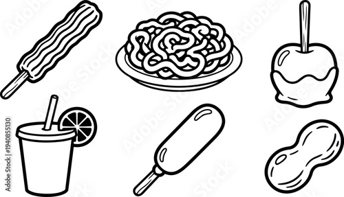 Line art close up icons of six carnival snacks showing churro, funnel cake, candy apple, lemonade cup, popsicle, peanut in outline