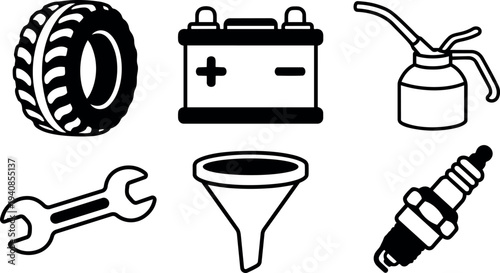 Minimalist flat line icon set showing tire battery oil can wrench funnel and spark plug in automotive maintenance top view