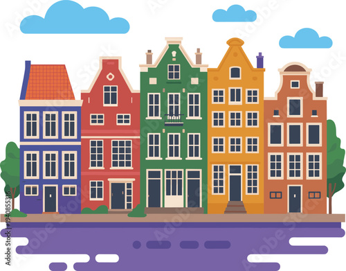 Colorful Amsterdam canal houses vector illustration, Dutch city architecture waterfront buildings traditional European street skyline design