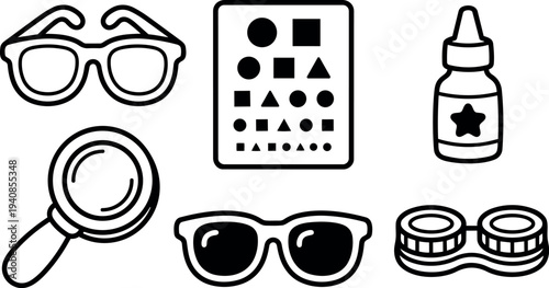 Minimal line art flat design assortment of optical icons including eyeglasses sunglasses magnifier vision chart contact lens case ocular drops