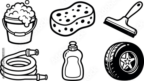 Line art close up car wash icon set with bucket sponge squeegee hose soap bottle and tire on white cleaning background