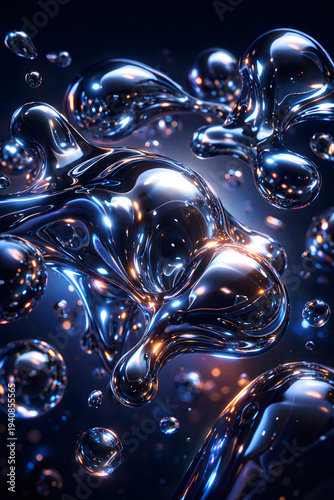 Abstract liquid chrome shapes with glossy metallic reflections and futuristic 3D fluid design