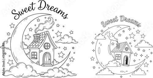Whimsical vector graphic featuring a cozy house nestled on a crescent moon with stars.
