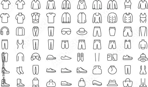 Large collection of clothing and fashion outline icons including shirts jackets pants shoes hats bags and accessories isolated vector set for wardrobe design projects