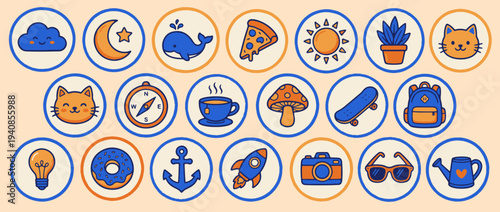 Whimsical Icon Array: A cheerful assortment of hand-drawn icons, each a unique emblem of fun, creativity, and the simple joys of life, arranged in a vibrant, circular pattern.