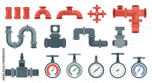 Collection of Red and Grey Industrial Pipe Fittings and Pressure Gauges Featuring Valves Connectors and Mechanical Components for Engineering Plumbing and Industrial System Vector Illustration