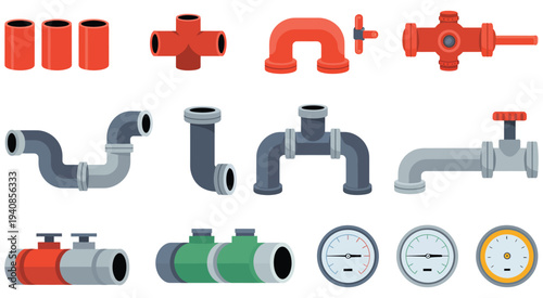 Collection of Red and Grey Industrial Pipe Fittings and Pressure Gauges Featuring Valves Connectors and Mechanical Components for Engineering Plumbing and Industrial System Vector Illustration