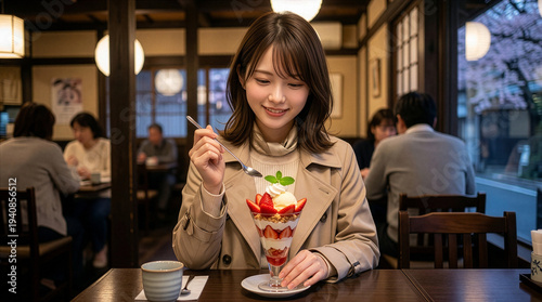 イチゴパフェを美味しそうに笑顔で食べる日本人女性