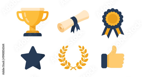 Collection of achievement and recognition icons in gold and blue.