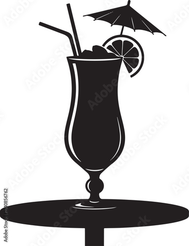 Classic Tropical Cocktail Silhouette with Umbrella and Fruit Slice on a Table, Refreshing Summer Drink and Party Beverage Illustration