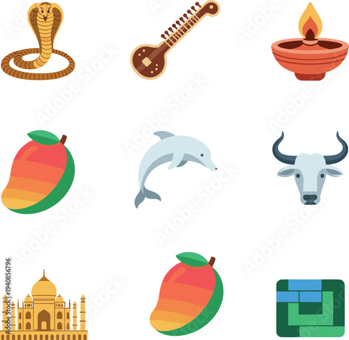 India culture icon set, cobra snake, sitar instrument, diya lamp, Taj Mahal, mango, peacock, dolphin, buffalo symbols