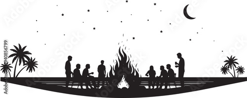 Friends Gathered Around a Campfire Silhouette on a Tropical Beach at Night with Stars, Crescent Moon, and Palm Trees Illustration