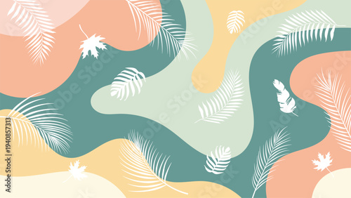 Abstract organic background with tropical palm and maple leaf silhouettes on pastel fluid shapes for modern minimalist aesthetic
