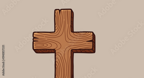A wooden cross illustration featuring detailed grain patterns in a minimalist style, suitable for religious themes