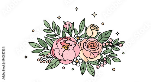 A beautiful arrangement of colorful flowers with leaves and decorative elements in a modern, minimalist style