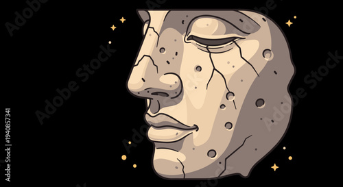 A stylized stone face with cracks and details, featuring a minimalist design and modern aesthetic