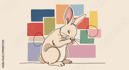 A cute rabbit sitting peacefully in front of colorful geometric shapes, illustrated in a modern, minimalist style