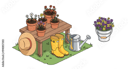 A garden scene featuring potted flowers, gardening tools, and yellow boots in a minimalist style