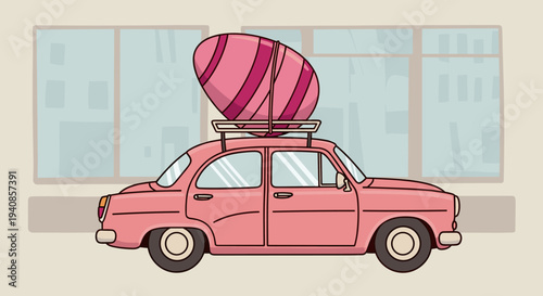 A whimsical pink car with a large colorful egg on the roof, illustrated in a playful, cartoonish style