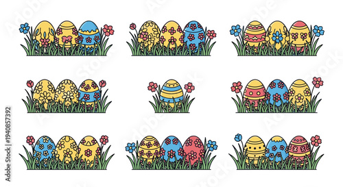 Colorful Easter eggs nestled among flowers and grass in a cheerful, flat design style, perfect for seasonal themes