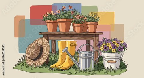 A vibrant garden scene featuring potted flowers, gardening tools, and a straw hat in a colorful, modern style