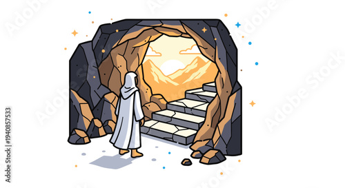 A figure in a white robe stands at the entrance of a cave, gazing at a bright sunset, in a modern illustrative style
