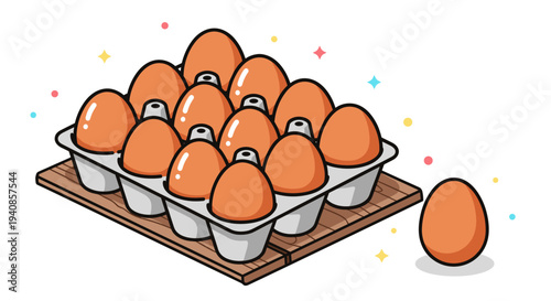 A colorful illustration of a carton filled with eggs, featuring a playful and modern style, ideal for food-related designs