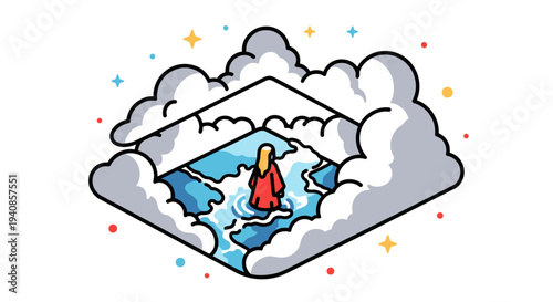 A whimsical illustration of a person standing in water surrounded by fluffy clouds, featuring a colorful, modern style