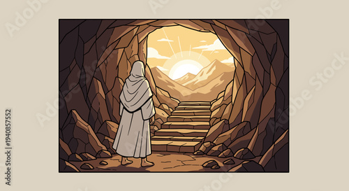 A figure in a robe stands at the entrance of a cave, illuminated by a rising sun, in a minimalist style