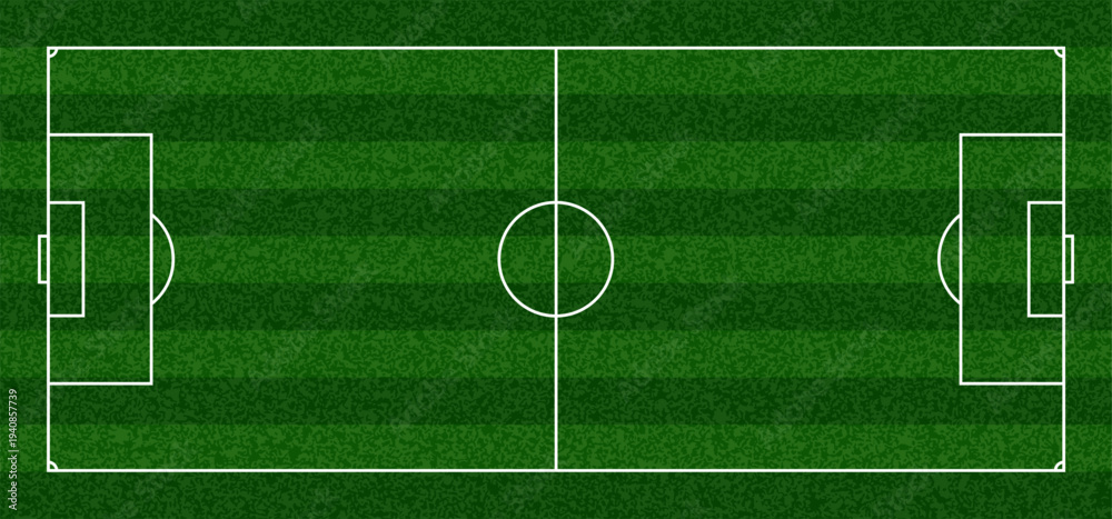 Fototapeta premium Green Soccer Field Top View Background. Vector Green Grass Pitch Stadium Texture with Soccer Court Scheme. Realistic Sport Turf Ground Texture for Football and Baseball Games. Stadium Lines Illustrati
