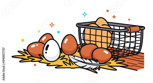 A playful illustration of eggs spilling from a basket, featuring a cartoon style with vibrant colors and a whimsical theme