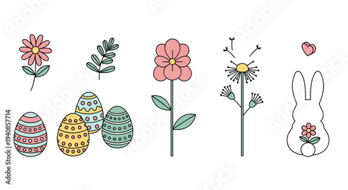 A charming collection of illustrated flowers, decorated eggs, and a cute bunny in a minimalist style