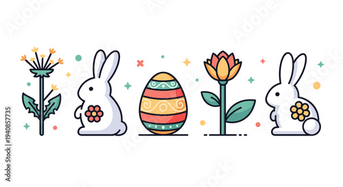 A colorful collection of Easter-themed icons featuring rabbits, flowers, and decorated eggs in a modern flat style