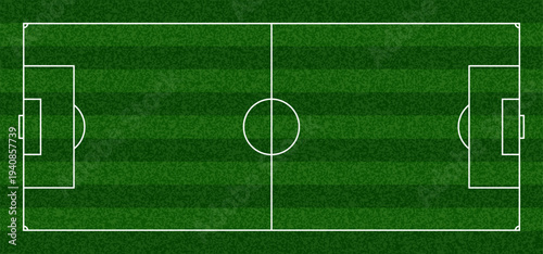 Green Soccer Field Top View Background. Vector Green Grass Pitch Stadium Texture with Soccer Court Scheme. Realistic Sport Turf Ground Texture for Football and Baseball Games. Stadium Lines Illustrati