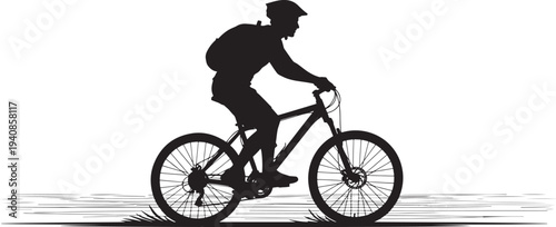 Dynamic silhouette of a mountain biker with a helmet and backpack, actively riding a bicycle on an outdoor trail, conveying adventure, sport, and a healthy, energetic lifestyle.