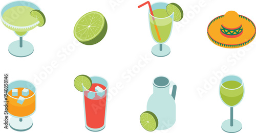 Mexican cocktail drinks set with margarita lime beverages and sombrero, colorful summer party alcohol icons, bar drink vector