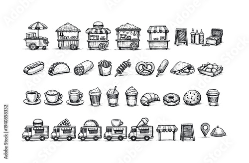 Food truck silhouette icon set. street food, snacks, fast food icons collection