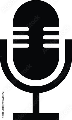Microphone icon vector, podcast audio recording symbol, vintage studio mic silhouette, voice communication media technology minimalist black icon